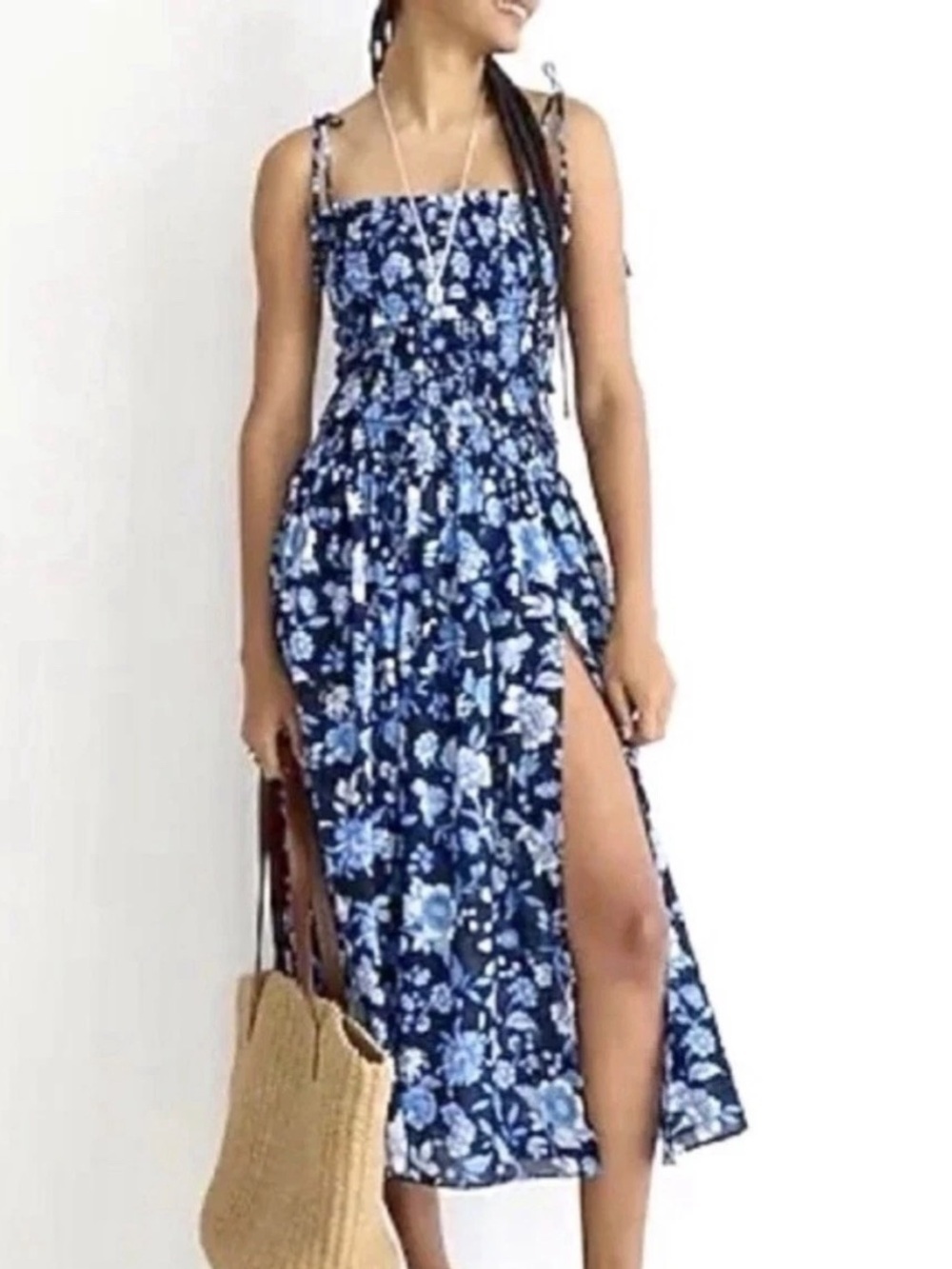 J.CREW Smocked Midi Dress Midnight Blue Floral Sz M Tiered 100% Cotton Tie Strap